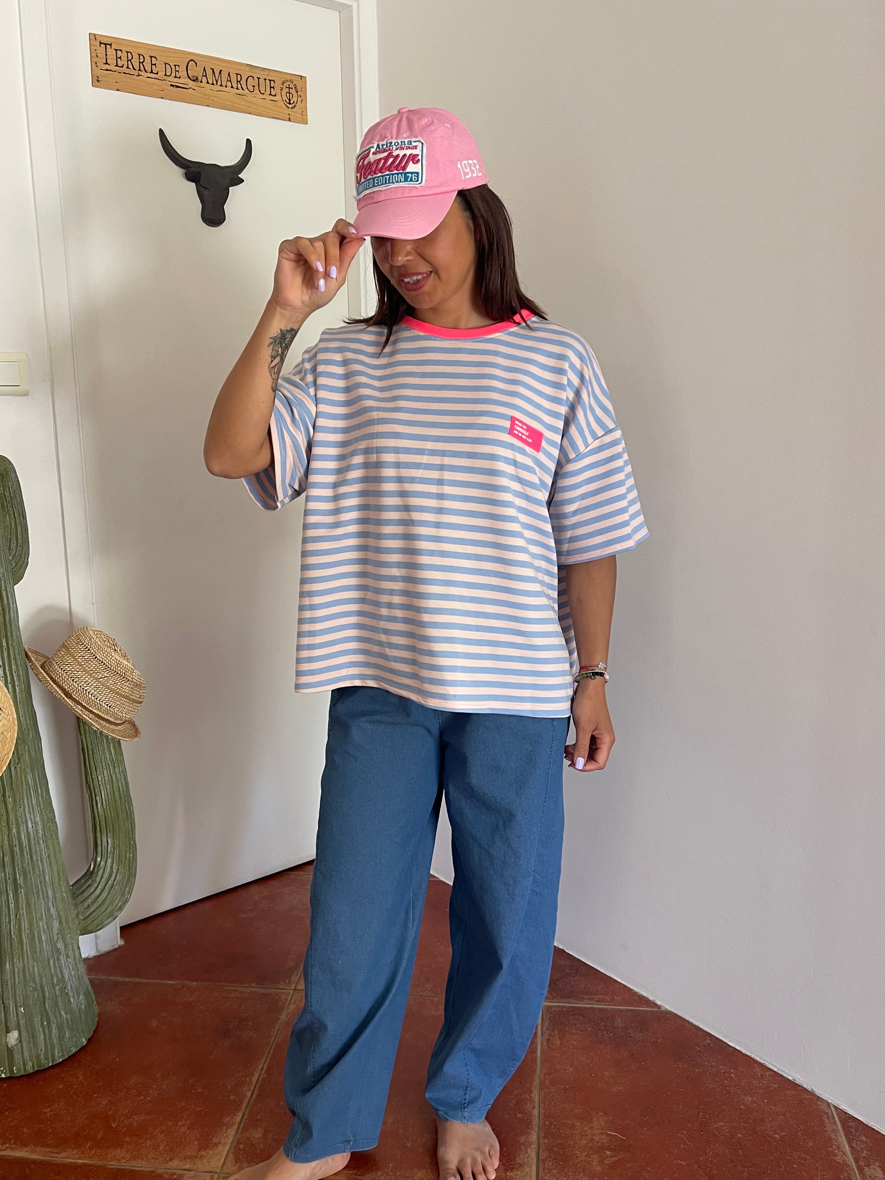 T-shirt marinière oversize bleu & fushia