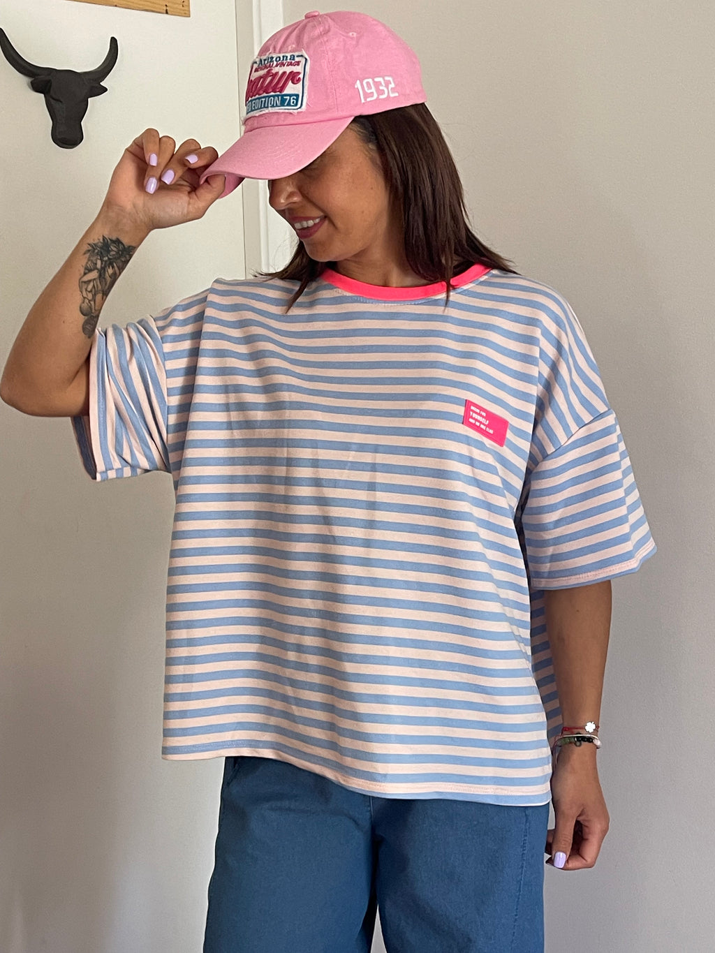 T-shirt marinière oversize bleu & fushia