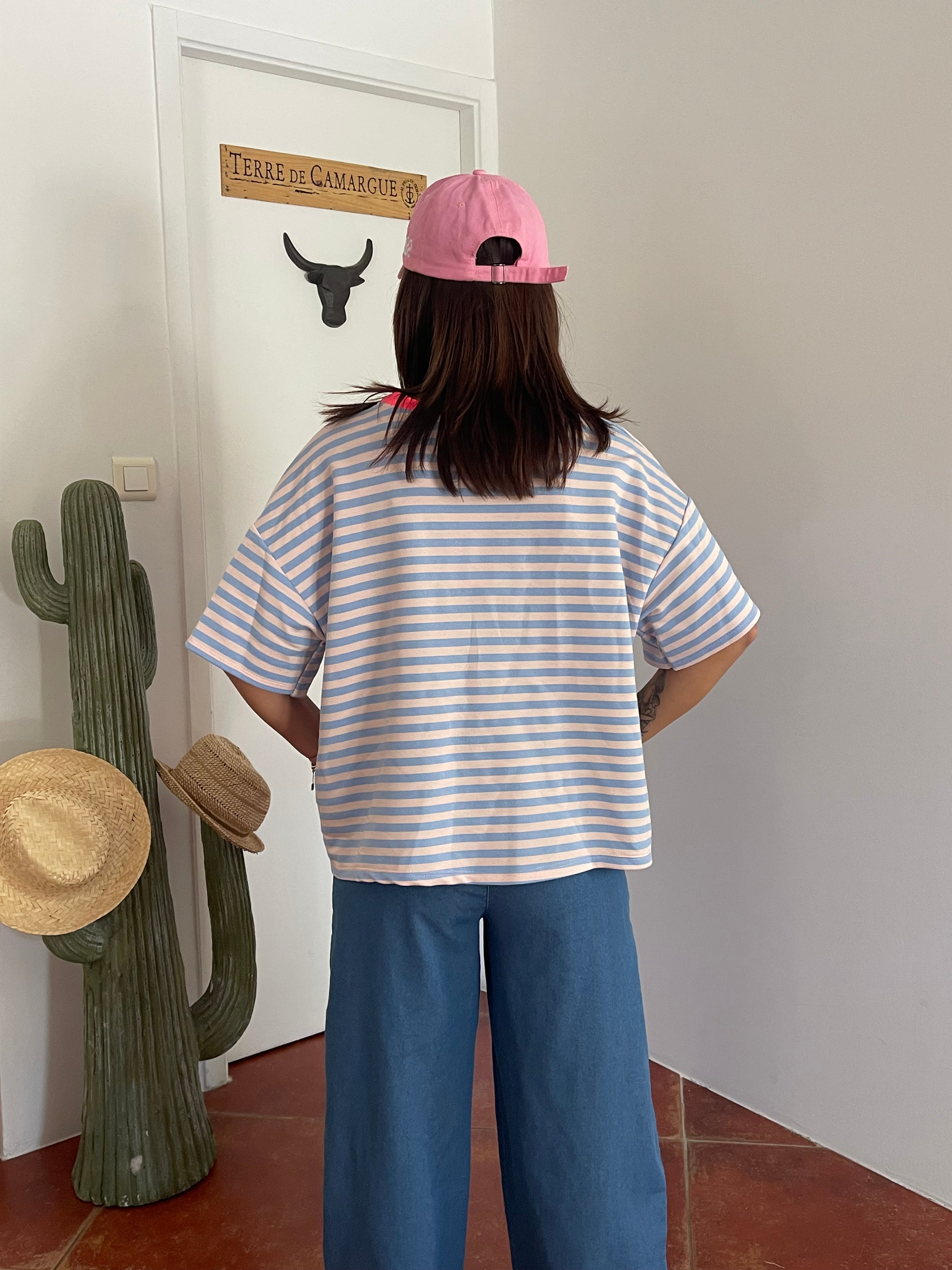 T-shirt marinière oversize bleu & fushia