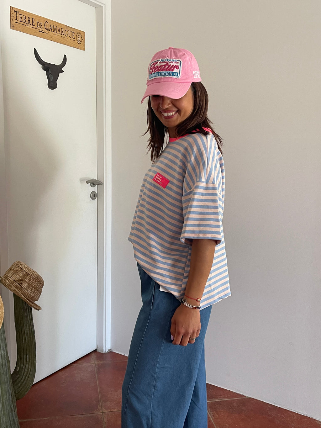 T-shirt marinière oversize bleu & fushia