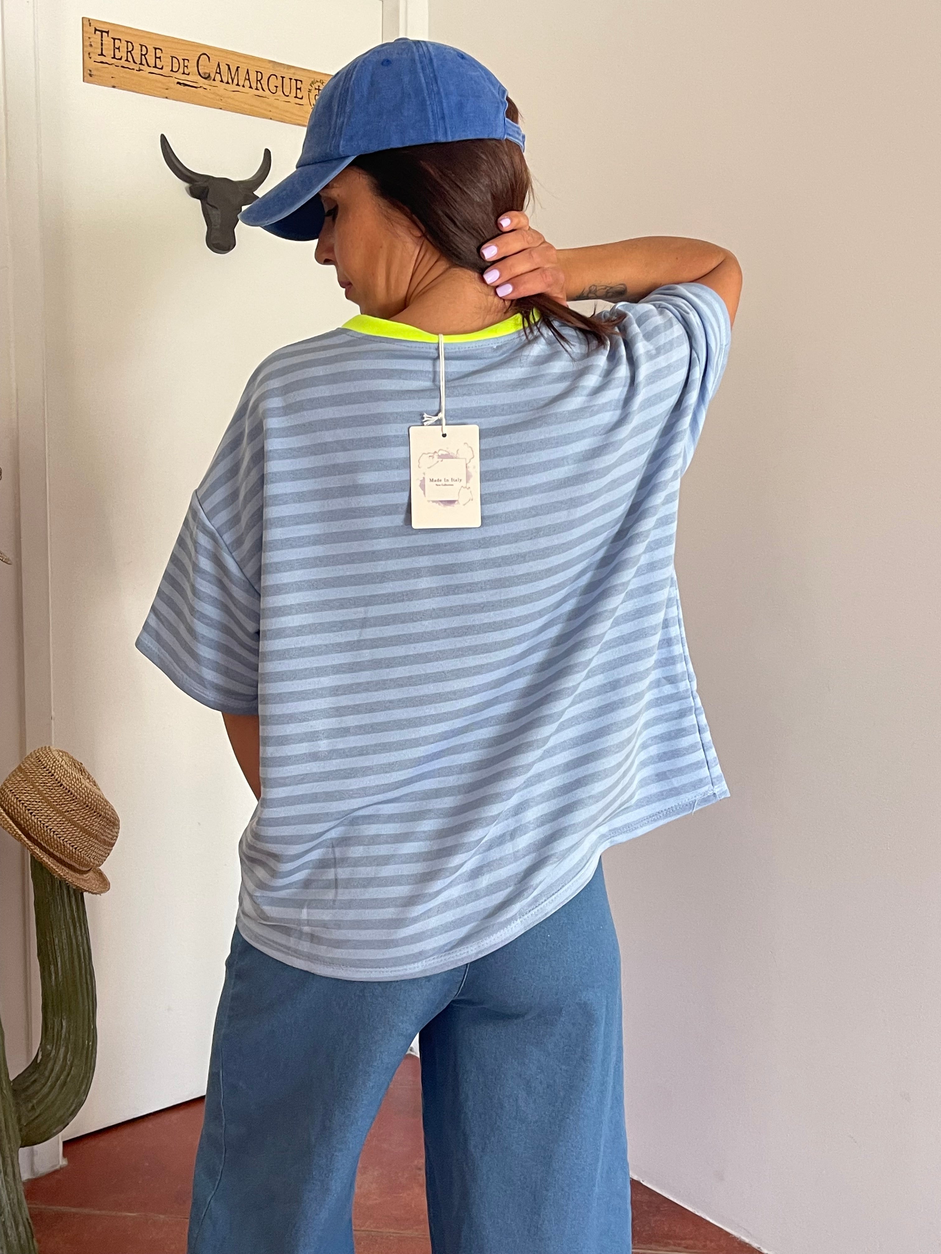 T-shirt marinière oversize bleu et fluo